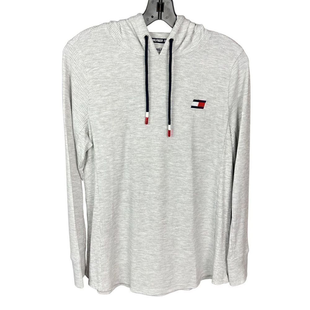Tommy Hilfiger Sport Athletic Hoodie Grey Drawstring Hood Red White Blue Logo M